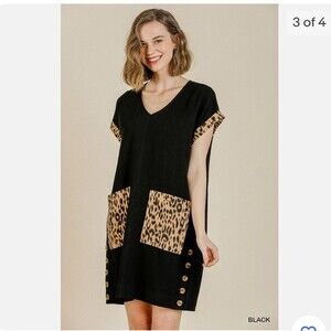 Umgee Black Short Sleeve Dress Leopard Print Trim Samall Linen Blend